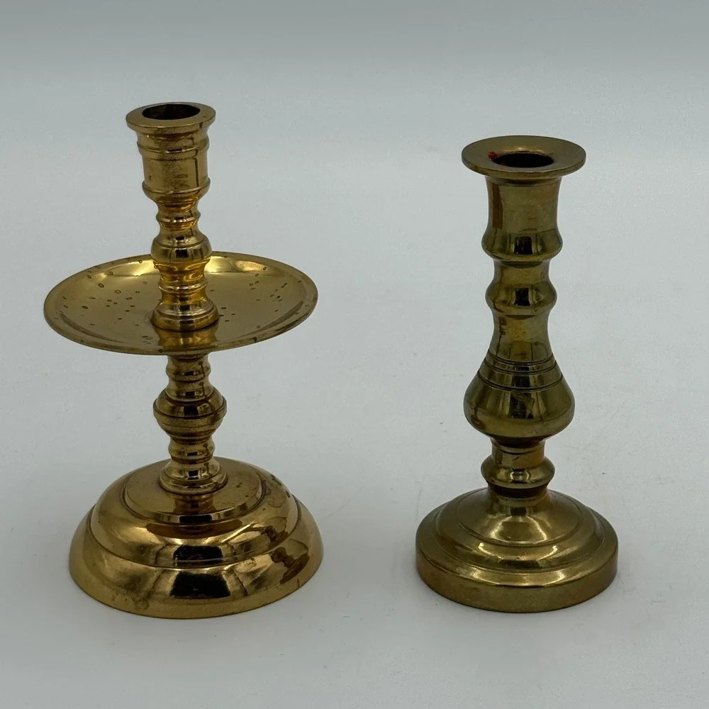 Vintage Solid Brass Candlestick Holders Mismatched Set of 2 Gold Taper Pedestal